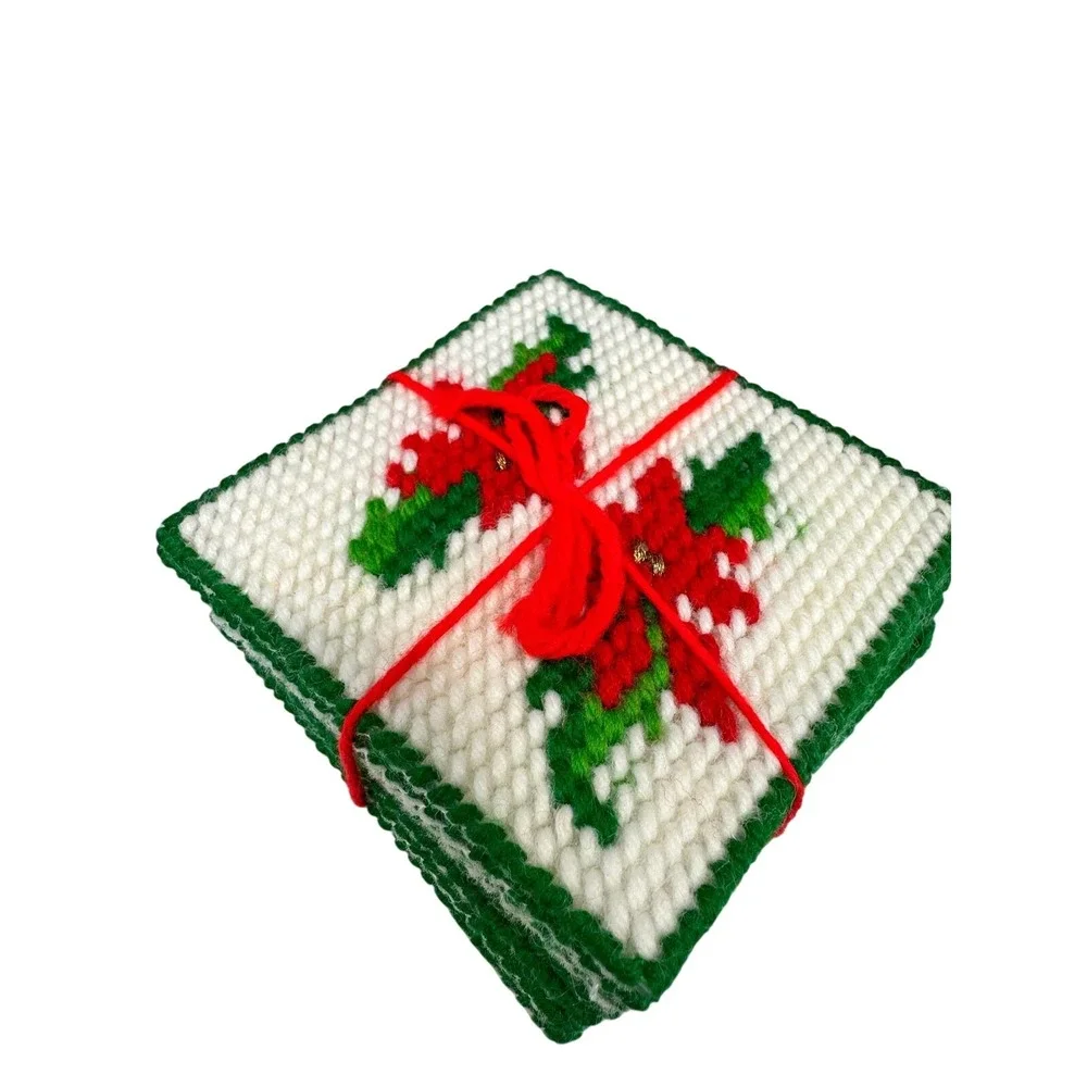 Vintage Needlepoint Christmas Coasters Set of‎ 8 Holly Poinsettia Handmade